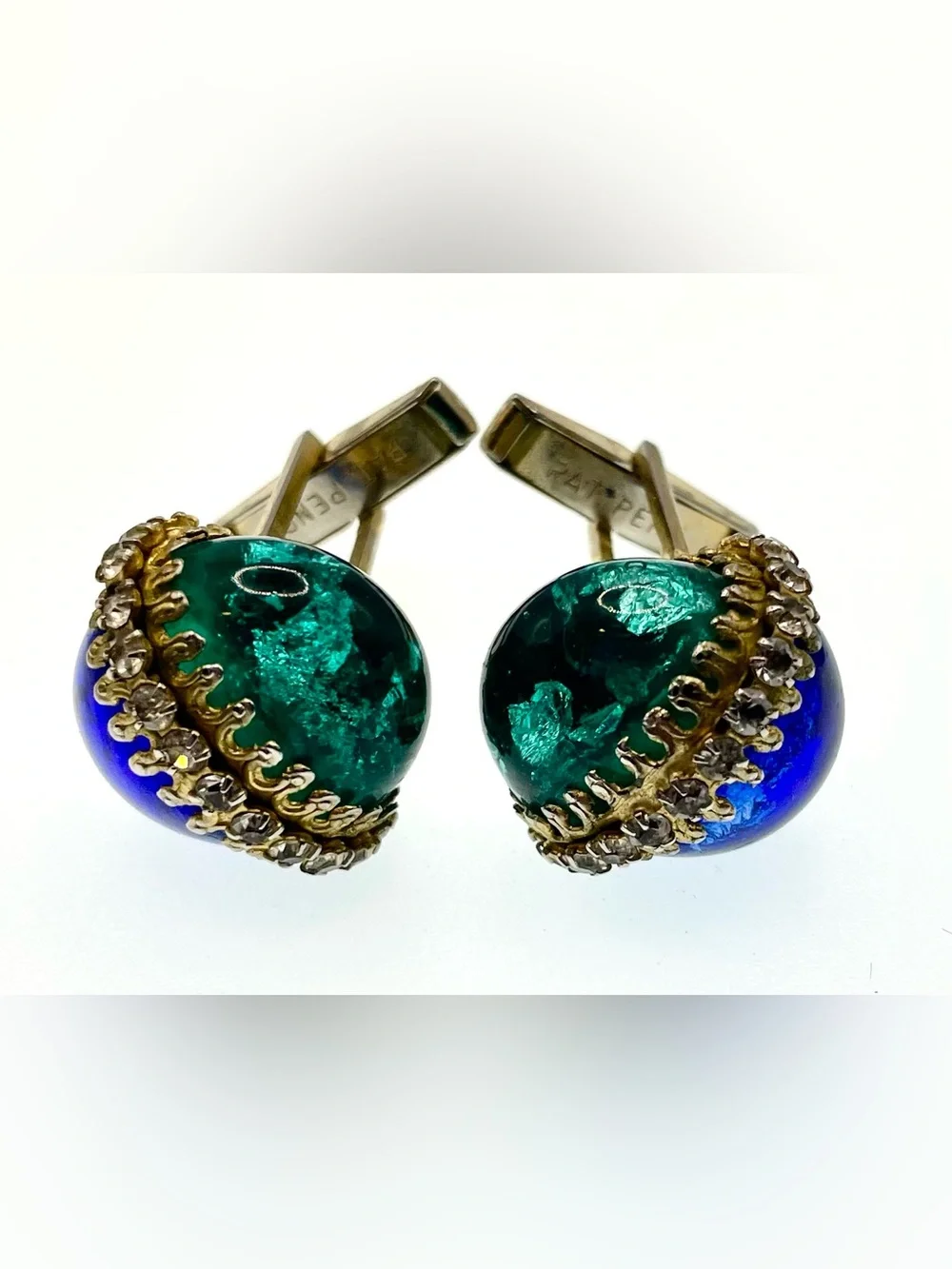 Vintage Blue Green Art Glass Rhinestone Gold Tone Cufflinks MCM Statement
